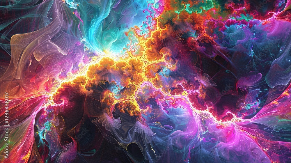 Obraz premium Mesmerizing cosmic explosion in a vibrant display of multicolored fractal swirls creating a captivating and dynamic visual experience Surreal abstract and full of energy