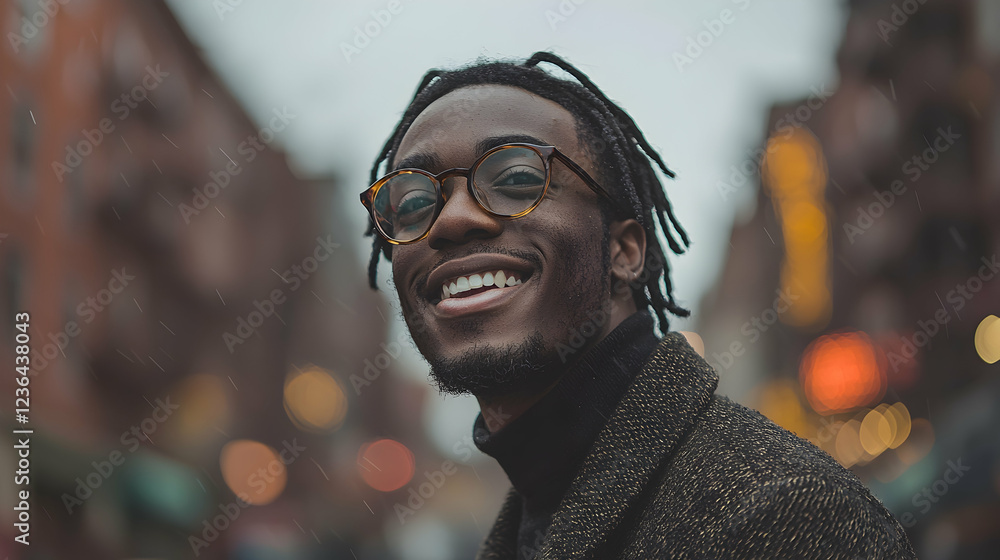 Fototapeta premium Smiling man, city street, rain, bokeh background, portrait