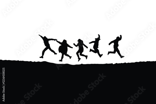 Silhouetted figures joyfully leap across a stark white background, their dynamic poses creating a sense of carefree energy.