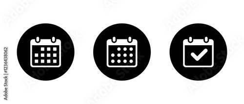 Calendar, event icon on black circle. Deadline, date, reminder organizer sign symbol