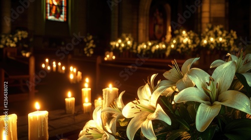 Lit candles in a church setting, with the altar and pews visible. A focal point of lilies near the front adds to the serene ambiance. photo