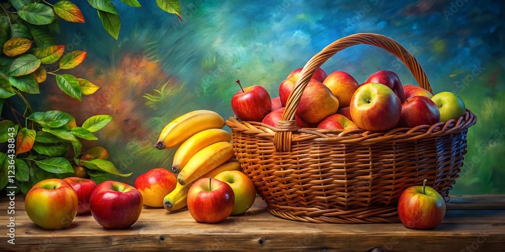 Still Life Painting: Abundant Basket of Apples and Bananas, Left Composition Still Life Painting: Abundant Basket of Apples and Bananas, Left Composition