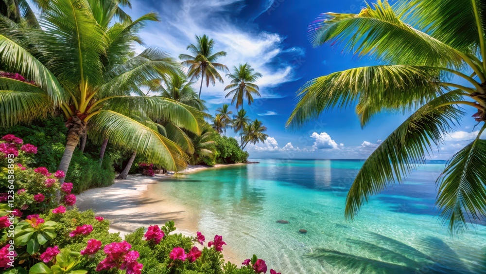Fototapeta premium Serene tropical beach scene with swaying palm trees and crystal clear calm sea waters surrounded by lush greenery and vibrant floral plants, serene landscape, tropical beach