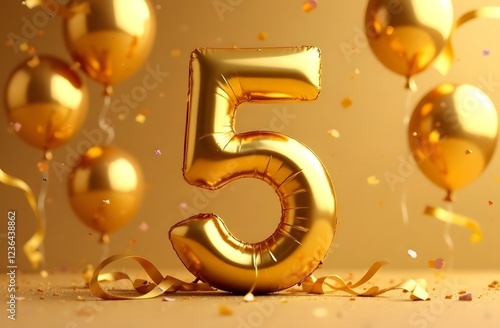 Golden balloons in the shape of the number 5 on a festive golden background	