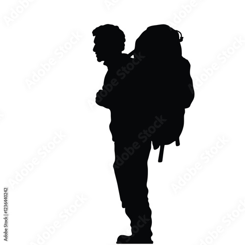 A person with a large backpack, standing and facing away, is depicted in a striking black silhouette.