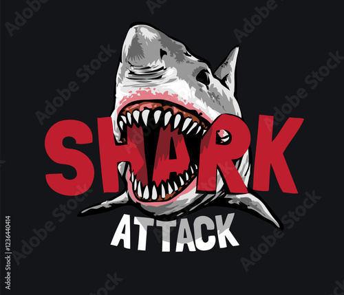 shark attack slogan with shark open mouth vector illustration on black background