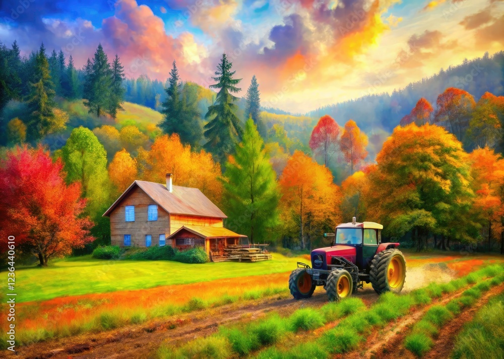 Obraz premium Abstract colors paint a family farm portrait: vibrant field, trusty tractor, cozy home, embracing forest.