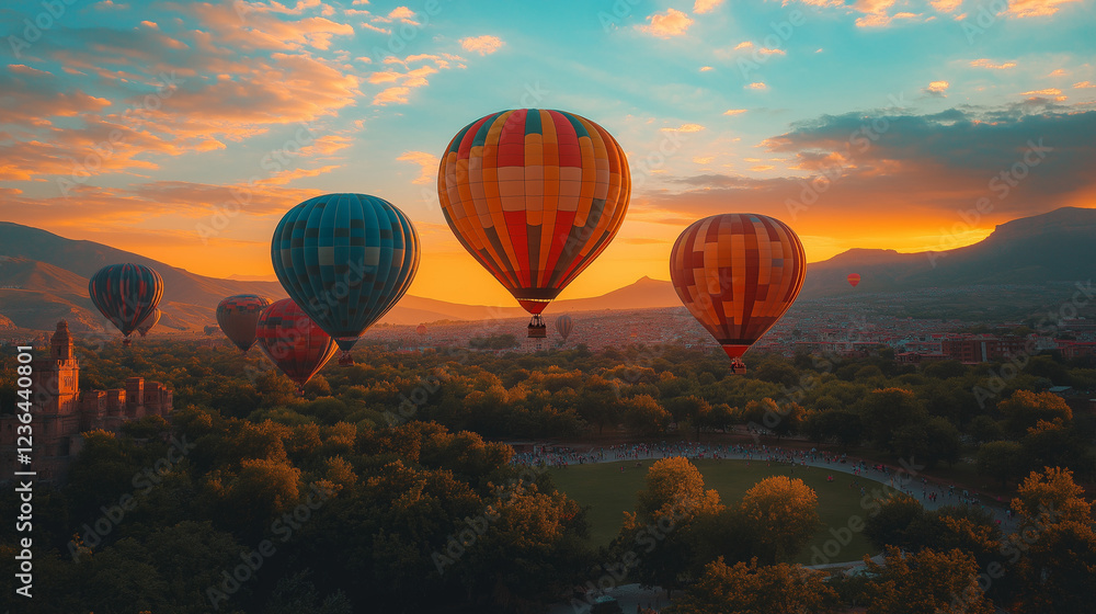 Few Hot Air Balloons in Flight on sunset sky background. Festival of colored balloons. Outdoor, Colorful Few Hot Air Balloons in Flight on sunset sky background. Festival of colored balloons. Outdoor, Colorful