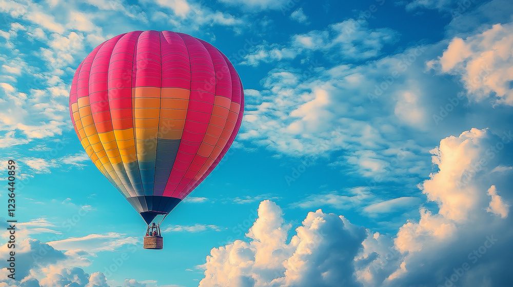 Naklejka premium Multicolored, large balloon against the blue sky. Travel concept, dream, new emotions, travel agency.