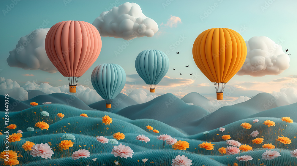 Obraz premium beautiful balloons in the sky - childrens illustration, baby card