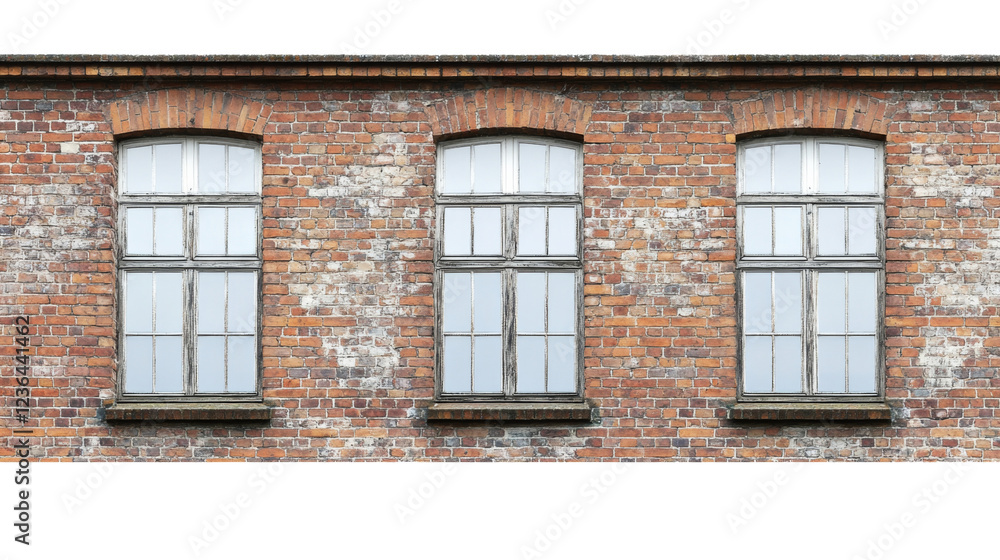 Three old industrial windows on a brick wall with transparent background Three old industrial windows on a brick wall with transparent background