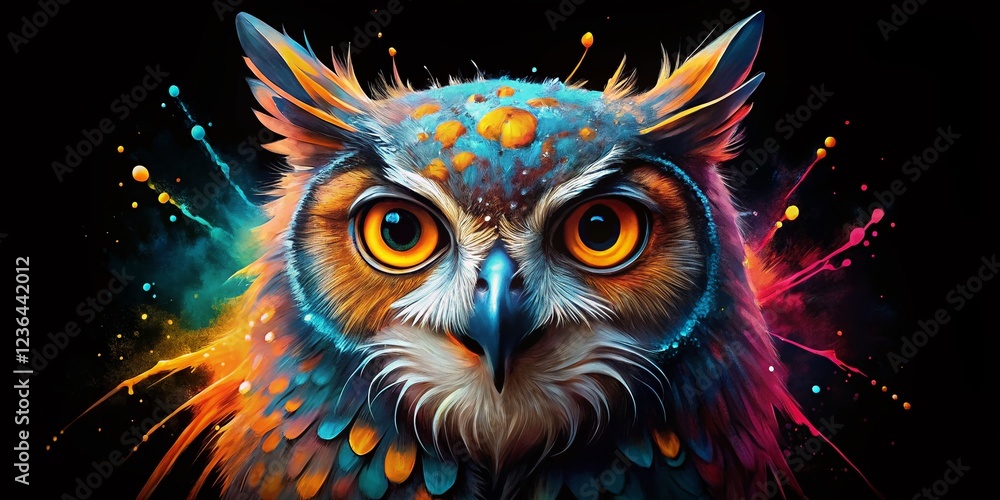 Stylized Owl Head Abstract - Vibrant Colors and Fine Details on Black Stylized Owl Head Abstract - Vibrant Colors and Fine Details on Black