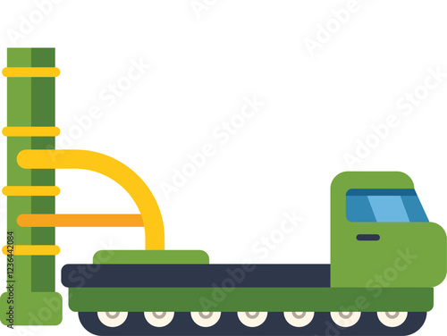 Military missile launcher truck parked near missile silo, side view flat illustration