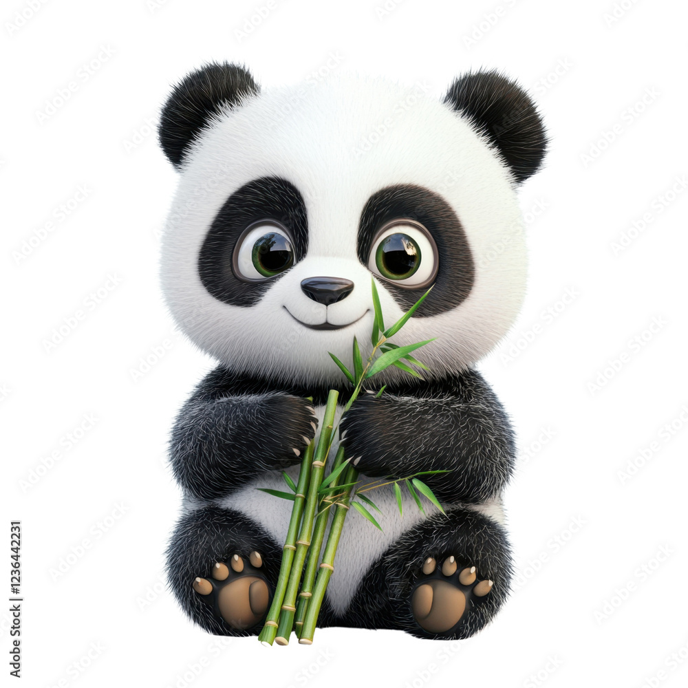 Fototapeta premium Cute Cartoon Panda Holding Bamboo with Happy Expression