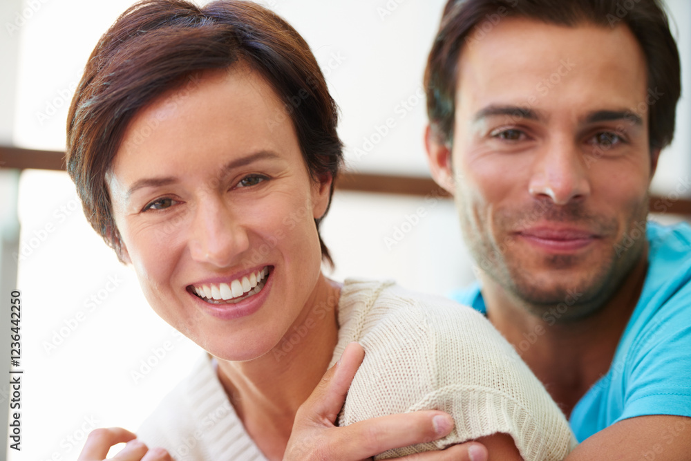 Portrait, couple and embrace with love at house for real estate achievement, property security and bonding. Smile, people and hug with home investment, relocation support and relationship commitment Portrait, couple and embrace with love at house for real estate achievement, property security and bonding. Smile, people and hug with home investment, relocation support and relationship commitment