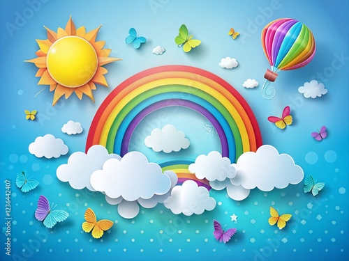 Summer Sky with Fluffy Clouds, Balloons, and Rainbow