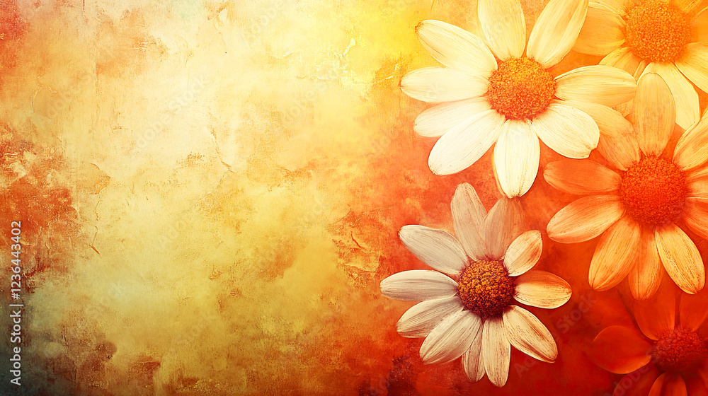 Naklejka premium Bright and warm daisy flowers on a textured orange and yellow background..