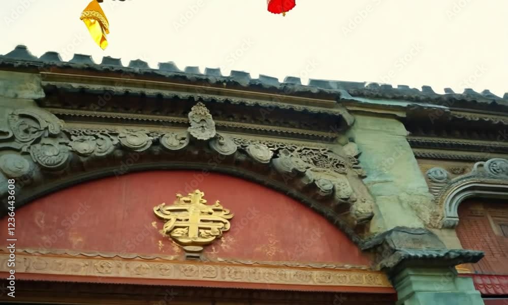 custom made wallpaper toronto digitalIntricate Carving Detail: A close-up view of an ornate, weathered stone archway, intricately carved with traditional patterns and a golden symbol.