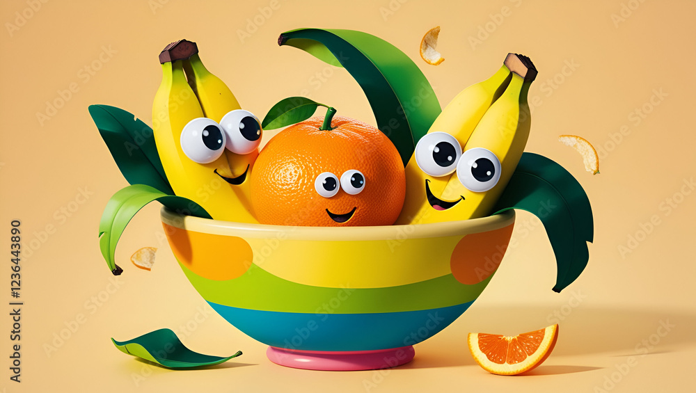Obraz premium A whimsical scene unfolds with a bowl brimming with cheerful fruit , Two bananas with googly eyes and a smiling orange with button eyes peek over the rim , Colorful leaves and orange slices 