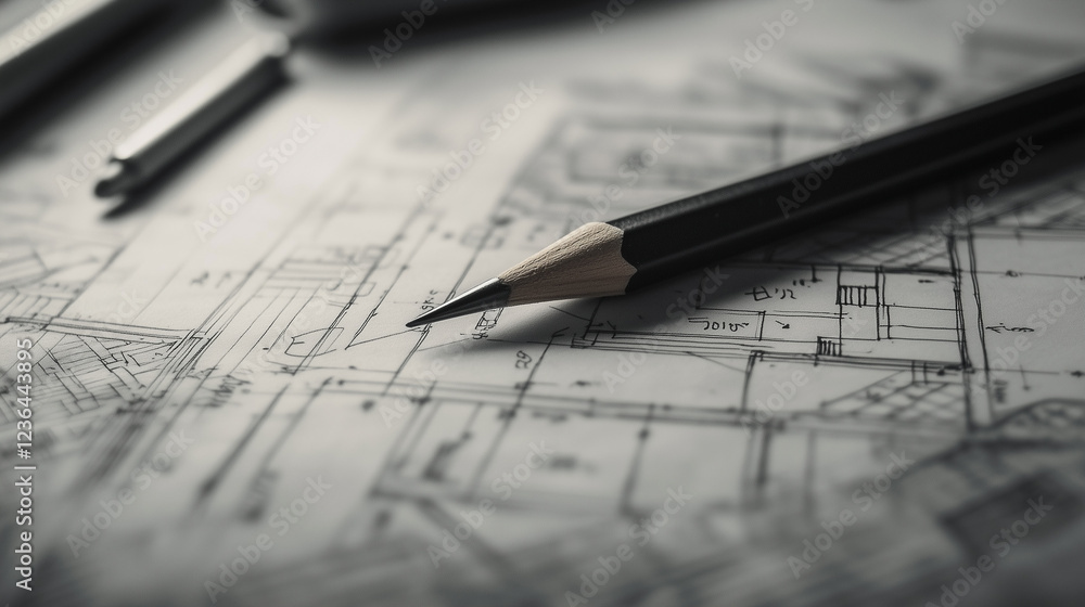 Precision pencil resting on architectural blueprint, highlighting drafting process and design planning Precision pencil resting on architectural blueprint, highlighting drafting process and design planning