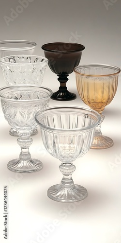 Elegant collection of vintage glass goblets in various colors and shapes photo