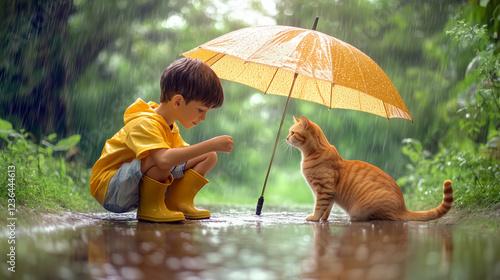 Young child huddling beneath yellow umbrella, ginger cat nearby, wearing bright rainboots during rainy day