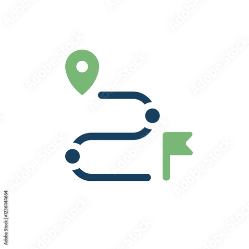 This modern vector icon represents strategic planning with a map pin, winding path, and flag, perfect for navigation and goalsetting, highlighting clarity and efficiency in achieving goals