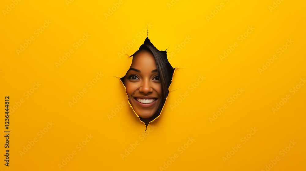 Woman with bright smile peeking through ripped yellow paper, revealing white teeth and joyful emotion