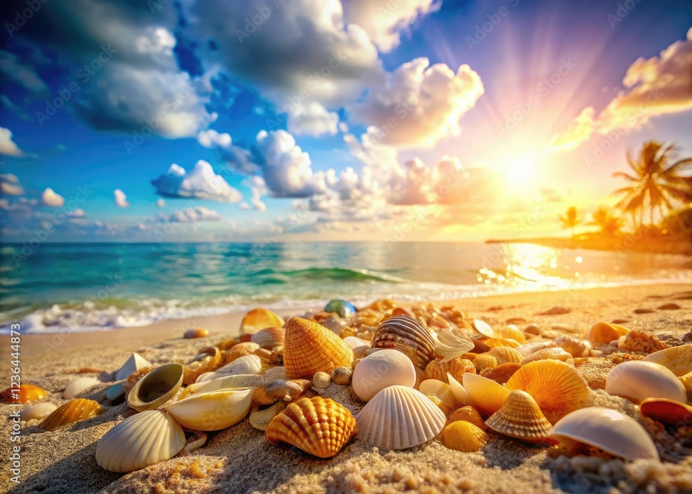 High-resolution seashell beach photo: summer vacation bliss. Ocean waves, sun-kissed sand, countless shells. High-resolution seashell beach photo: summer vacation bliss. Ocean waves, sun-kissed sand, countless shells.