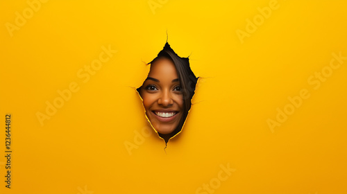 Obraz na płótnie Woman with bright smile peeking through ripped yellow paper, revealing white teeth and joyful emotion w salonie
