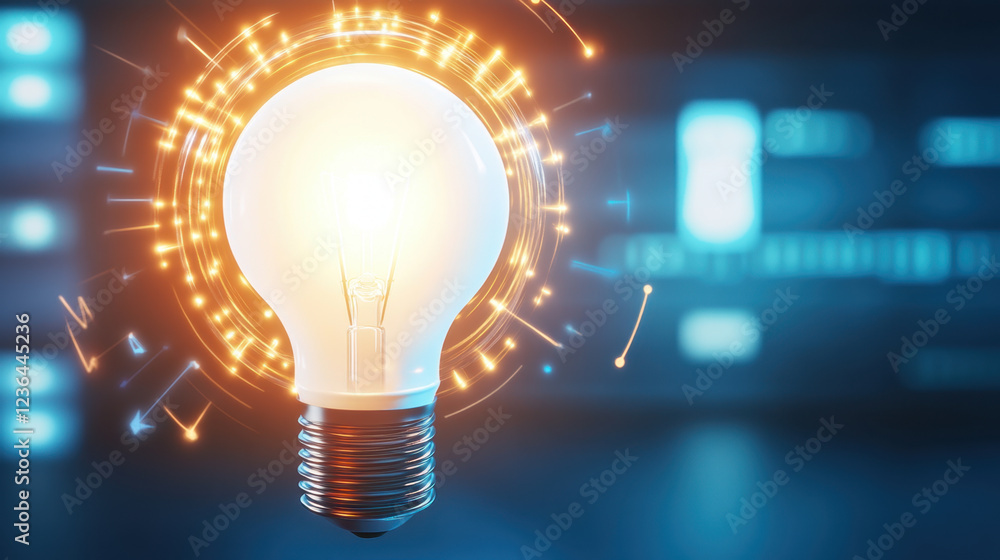 glowing light bulb surrounded by dynamic energy sparks, symbolizing innovation and creativity. background features modern digital interface, enhancing futuristic feel glowing light bulb surrounded by dynamic energy sparks, symbolizing innovation and creativity. background features modern digital interface, enhancing futuristic feel