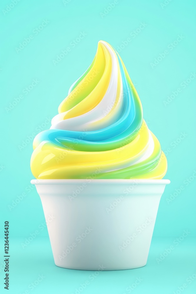 Vibrant swirl of soft serve ice cream in a white cup against a bright turquoise background Vibrant swirl of soft serve ice cream in a white cup against a bright turquoise background