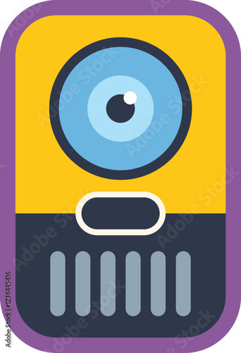 Modern colorful intercom system with a big blue eye, a button and a speaker grill is observing