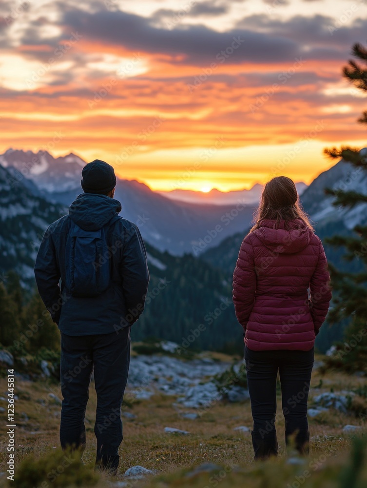 Obraz premium Two people admiring a breathtaking view of a snow-capped mountain range at sunset.