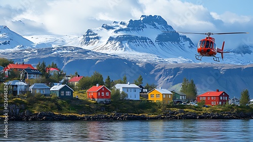 Red helicopter flying over colorful houses near snowy mountains and ocean.