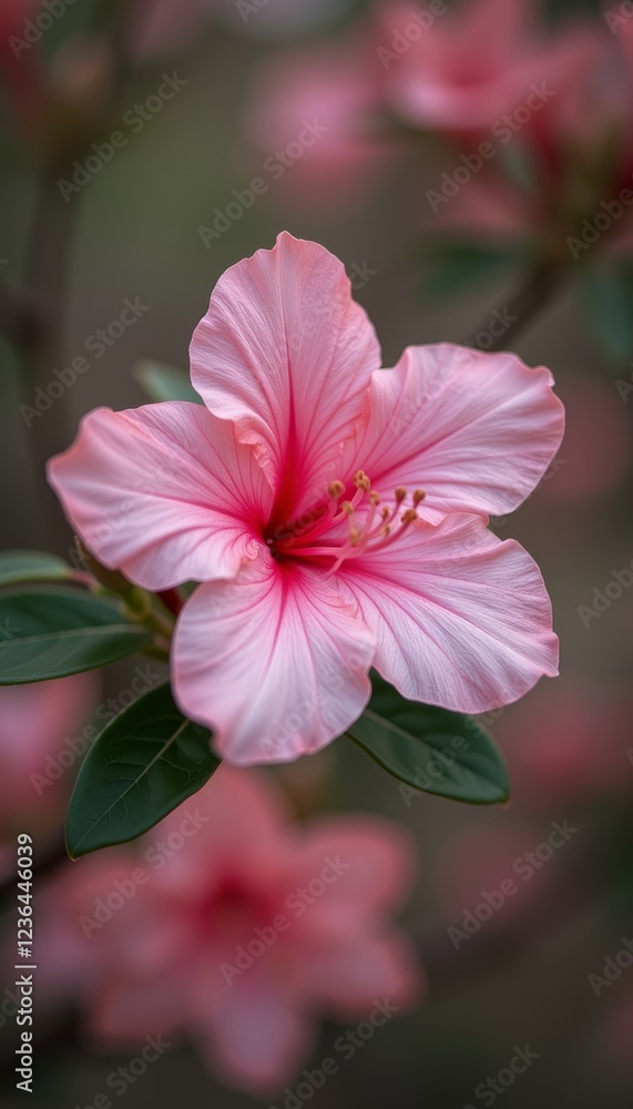 Close-up of a delicate pink hibiscus flower with intricate details and vibrant petals set against a blurred green background Close-up of a delicate pink hibiscus flower with intricate details and vibrant petals set against a blurred green background