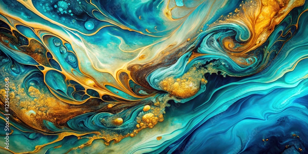 Abstract Fluid Art Painting: Blue, Turquoise, Gold Alcohol Ink Portrait Photography