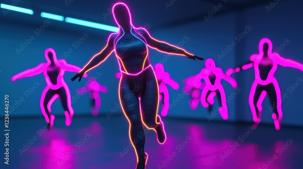 Fototapeta premium Neon Dancer Performing in Abstract Space with Glowing Outlines