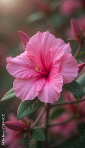 Close-up of a delicate pink hibiscus flower with intricate details and vibrant petals set against a blurred green background