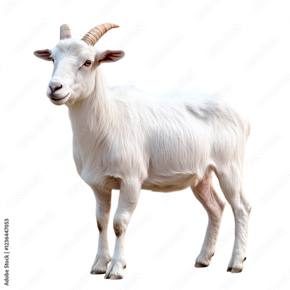 Adorable White Goat Standing Isolated on transparent background Farm Animal Photography Domestic Goat Pet Goat Cute Fluffy Goat Animal Portrait High Adorable White Goat Standing Isolated on transparent background Farm Animal Photography Domestic Goat Pet Goat Cute Fluffy Goat Animal Portrait High