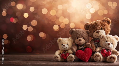 Assorted teddy bears in steampunk Valentine outfits with gears and heart motifs, vintage brown and red tones, isolated background