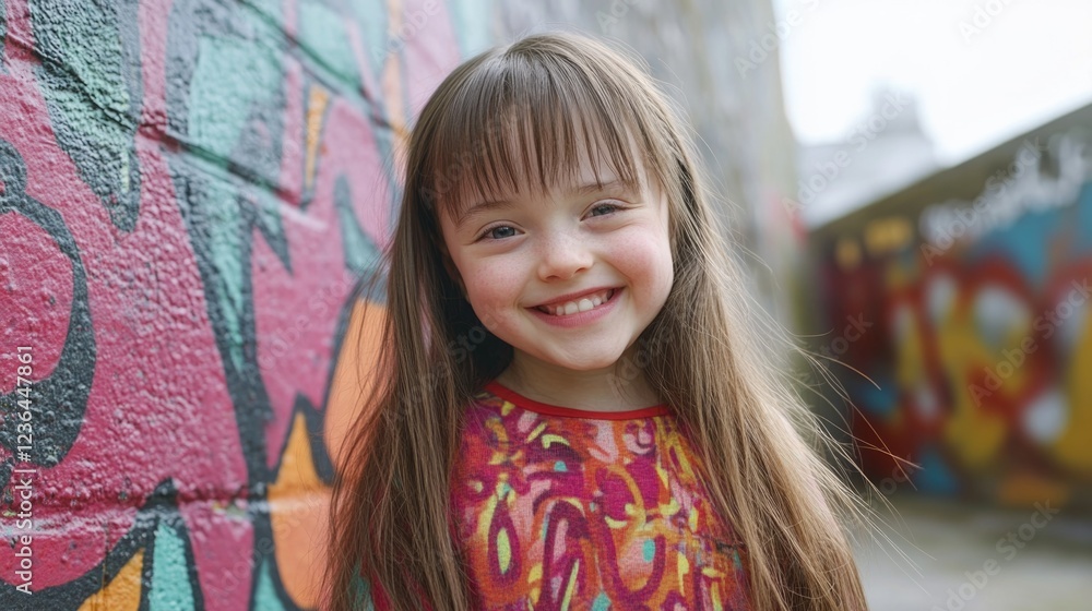 A young girl with long brown hair is smiling at the camera. She is wearing a pink shirt and is standing in front of a wall covered in graffiti. Scene is cheerful and playful A young girl with long brown hair is smiling at the camera. She is wearing a pink shirt and is standing in front of a wall covered in graffiti. Scene is cheerful and playful