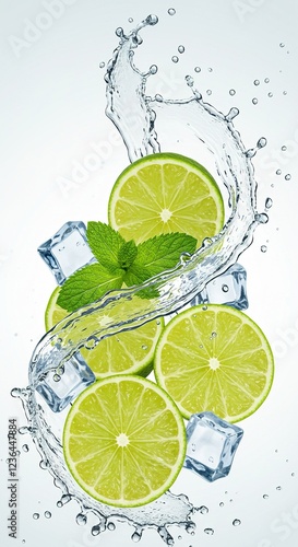 Floating Fresh green lime slices and mint leaves swirling in a dynamic water splash