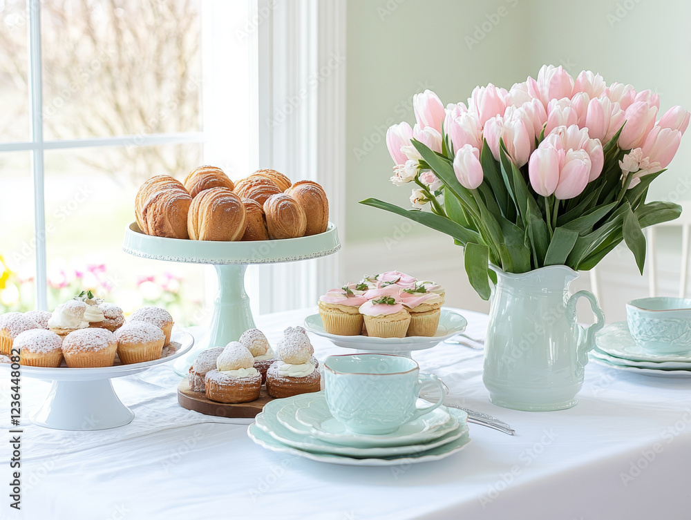 pastel themed Easter brunch table with tulips, pastries, and elegant dishes. pastel themed Easter brunch table with tulips, pastries, and elegant dishes.
