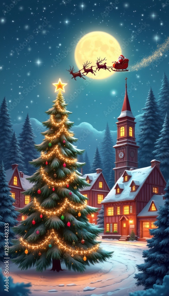 Obraz premium A stunning winter landscape captures Santa Claus soaring through the night sky in his sleigh, pulled by reindeer, against a glowing full moon. Below, a beautifully decorated Christmas tree stands tall