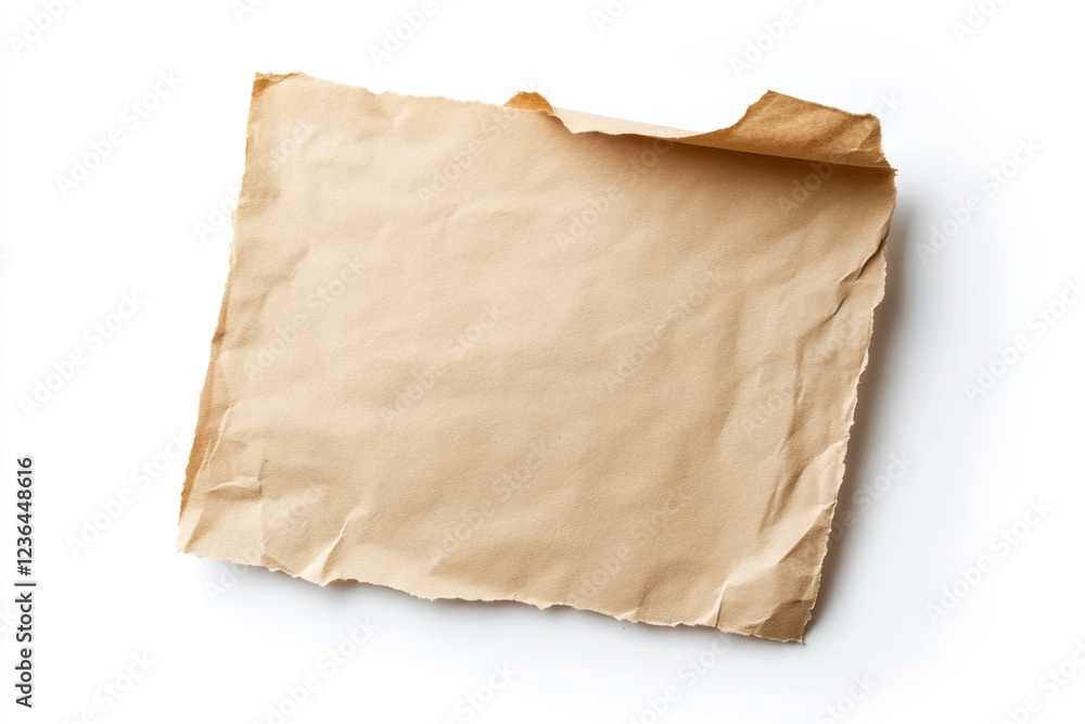 Crinkled brown paper sheet with torn edges, ideal for crafts or backgrounds. This textured paper adds rustic touch to any project, enhancing creativity and design Crinkled brown paper sheet with torn edges, ideal for crafts or backgrounds. This textured paper adds rustic touch to any project, enhancing creativity and design