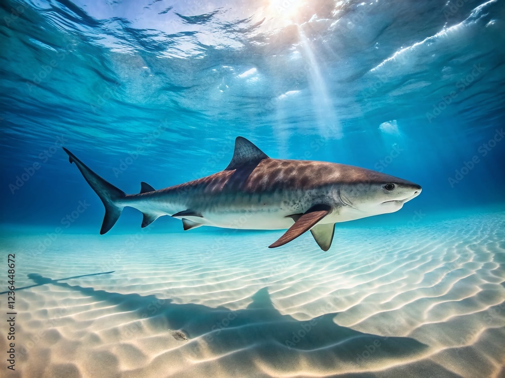 Naklejka premium Tiger Shark Swimming Over Sandy Ocean Floor, Bahamas - Underwater Wildlife Stock Photo