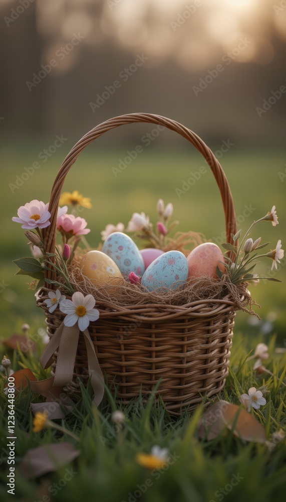 Charming wicker basket filled with colorful Easter eggs and wildflowers placed on a grassy field evoking a sense of wonder and natural beauty Charming wicker basket filled with colorful Easter eggs and wildflowers placed on a grassy field evoking a sense of wonder and natural beauty
