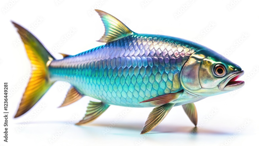 Macro tilt-shift photography reveals a vibrant tarpon, isolated on white, showcasing its aquatic wildlife detail. Macro tilt-shift photography reveals a vibrant tarpon, isolated on white, showcasing its aquatic wildlife detail.
