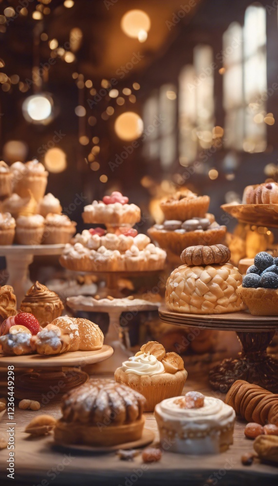 Assorted pastries with warm bokeh lights. Assorted pastries with warm bokeh lights.